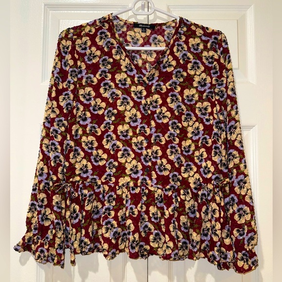Madewell Drawstring Ruffle-Hem Top in Viola Floral. Size XS EUC - Picture 1 of 15
